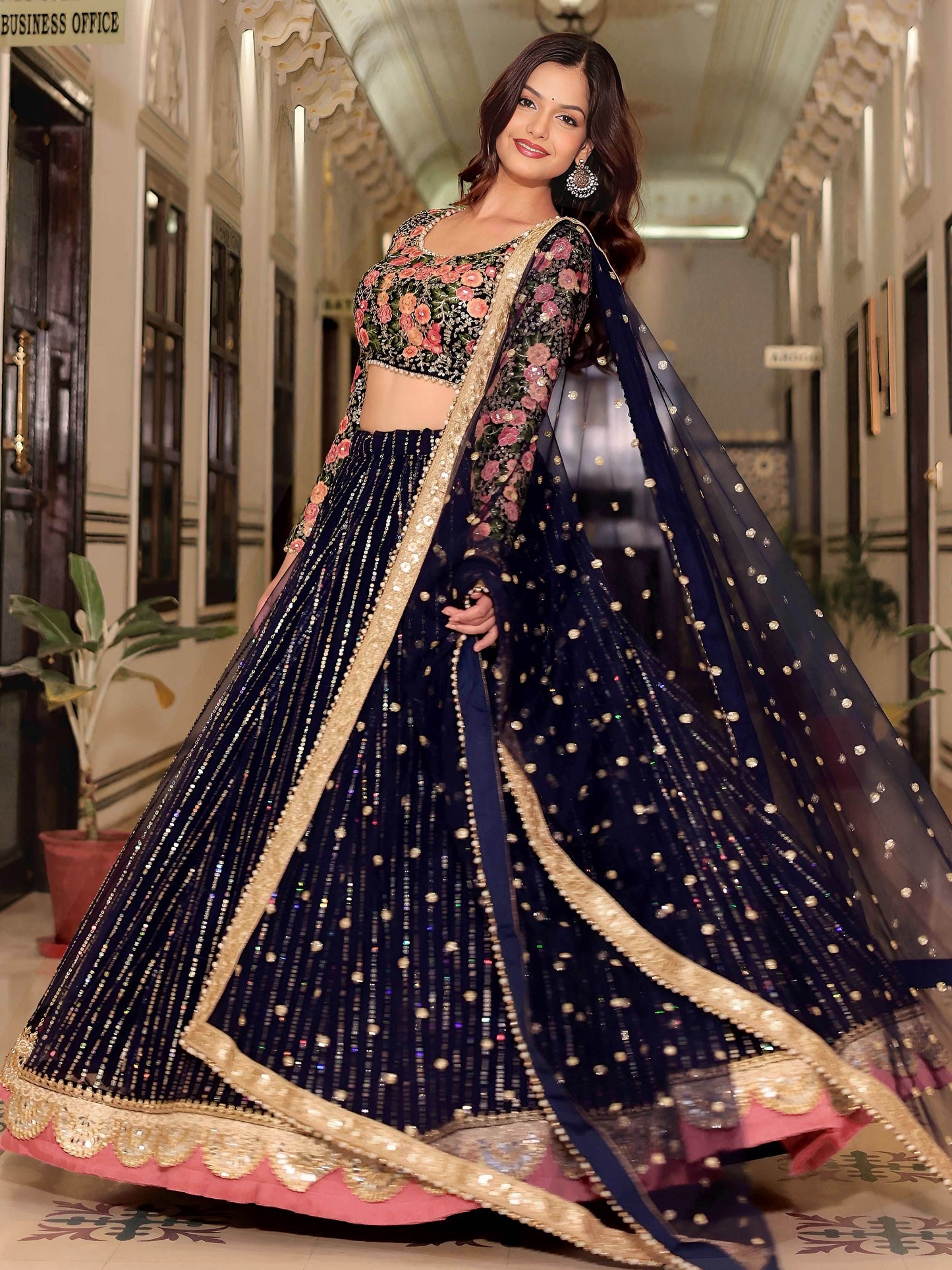 Glamorous Navy Blue Floral Embroidery Net Engagement Wear Lehenga With Blouse