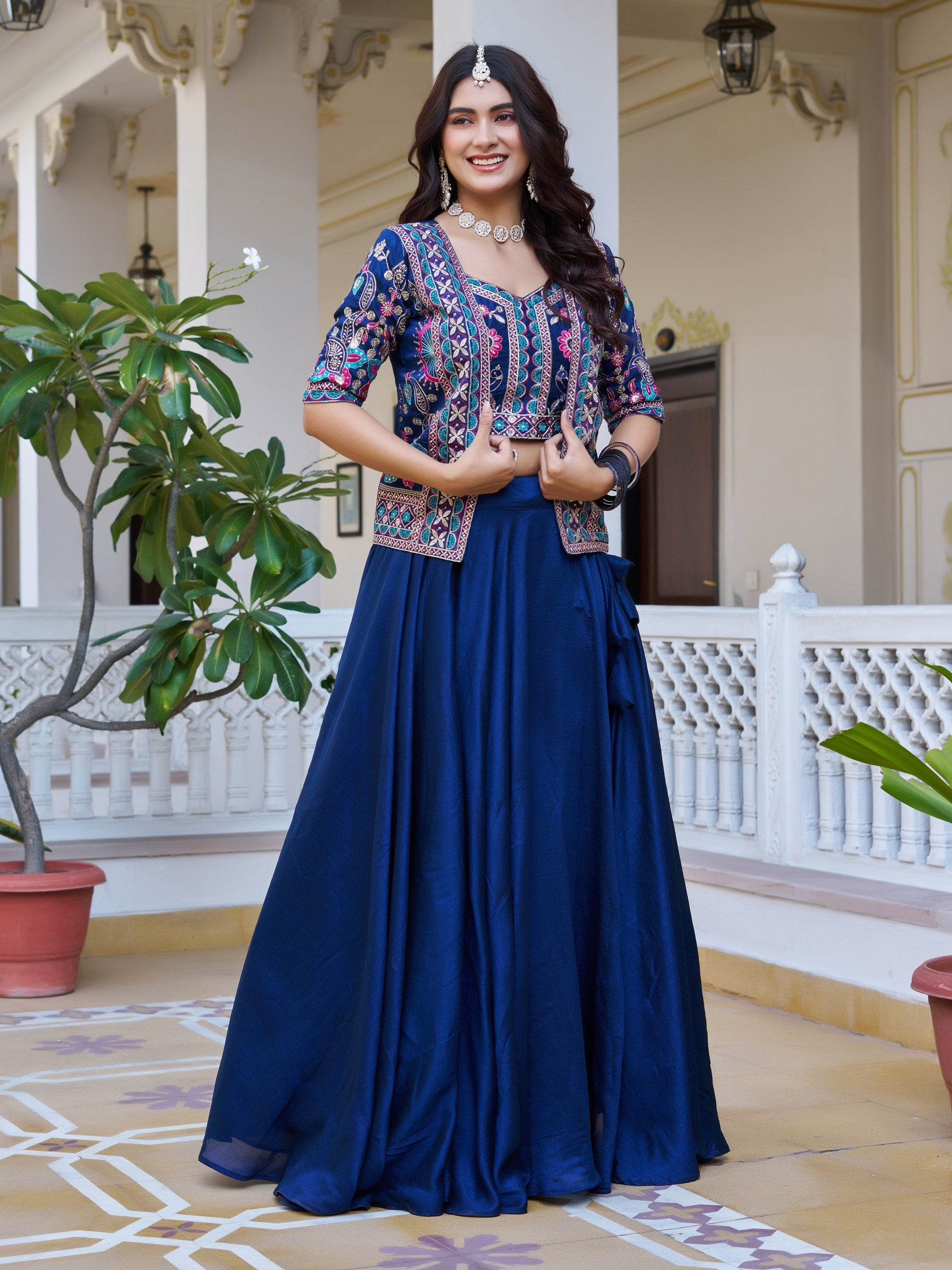 Stunning Blue Thread Embroidered Silk Marriage Wear Lehenga Choli With Jacket