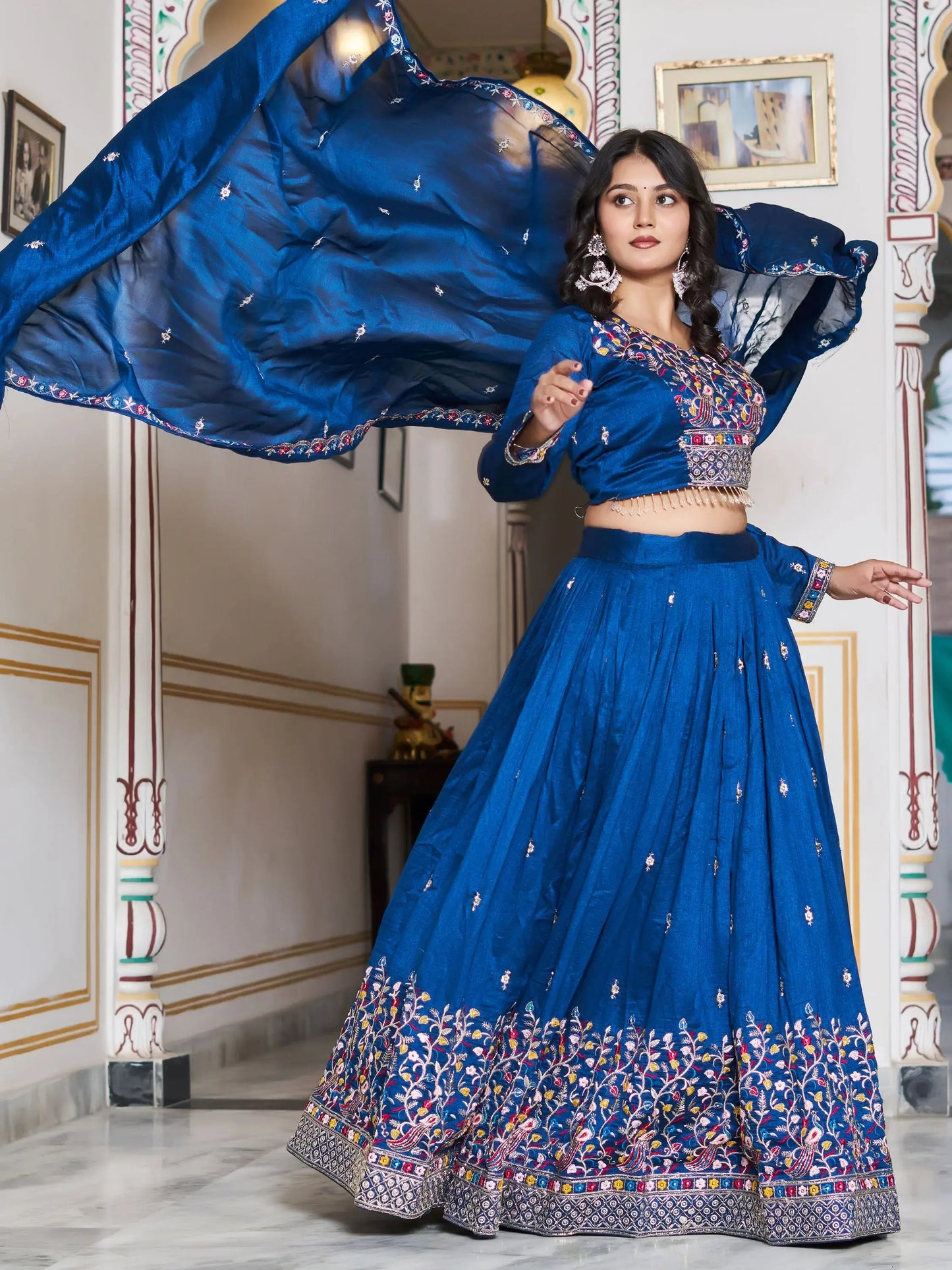 Great Blue Floral Embroidery Silk Wedding Wear Lehenga Choli With Dupatta