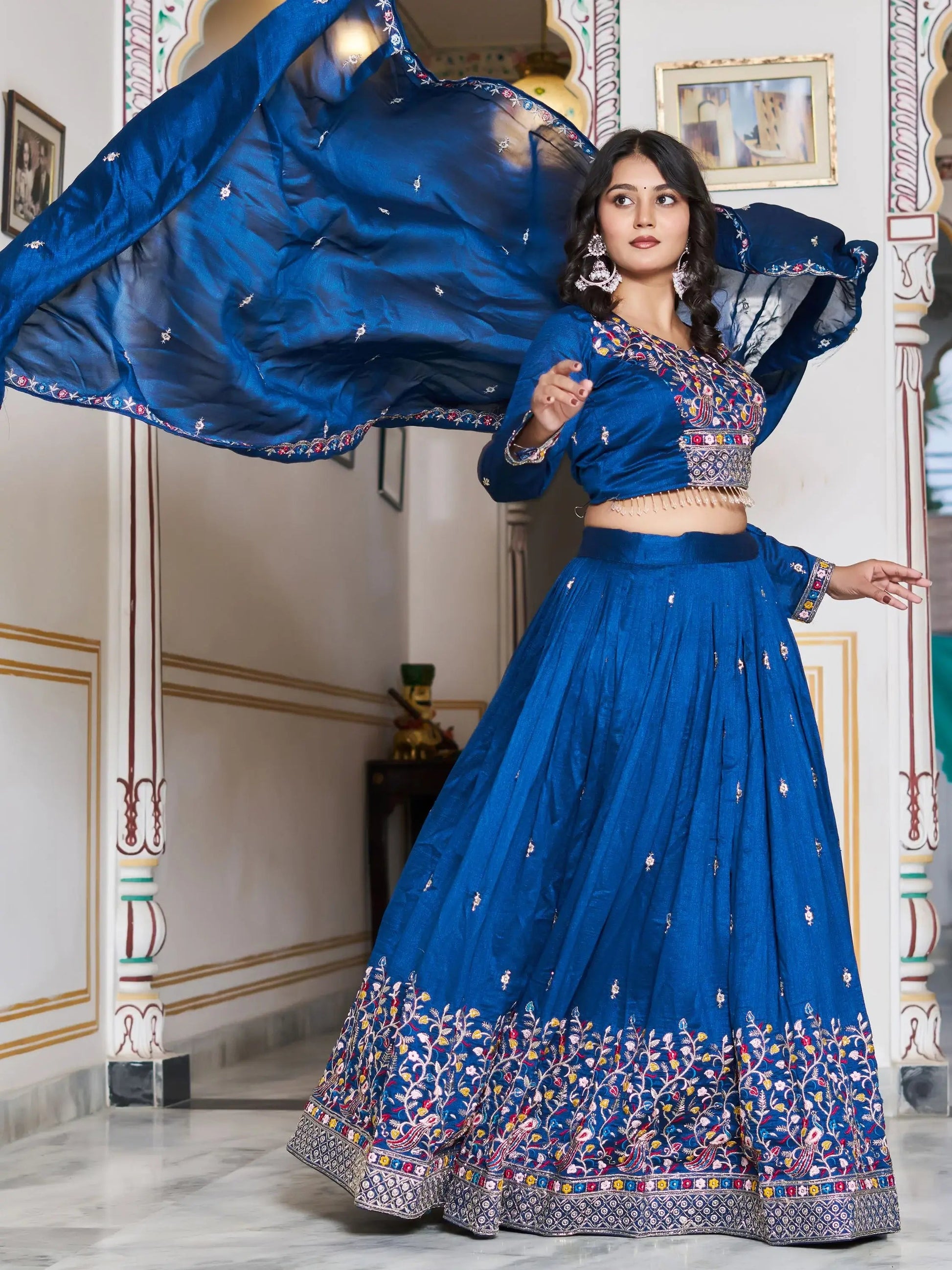 Great Blue Floral Embroidery Silk Wedding Wear Lehenga Choli With Dupatta