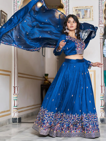 Great Blue Floral Embroidery Silk Wedding Wear Lehenga Choli With Dupatta