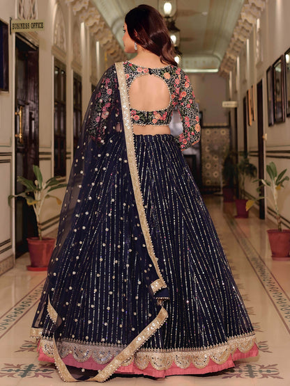 Glamorous Navy Blue Floral Embroidery Net Engagement Wear Lehenga With Blouse