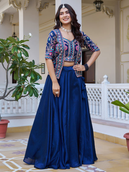 Stunning Blue Thread Embroidered Silk Marriage Wear Lehenga Choli With Jacket