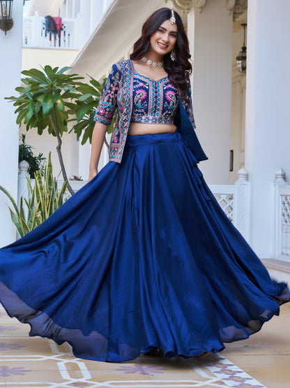 Stunning Blue Thread Embroidered Silk Marriage Wear Lehenga Choli With Jacket
