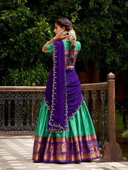 Bottle Green Color Zari Weaving Work Poly Cotton Lehenga Choli