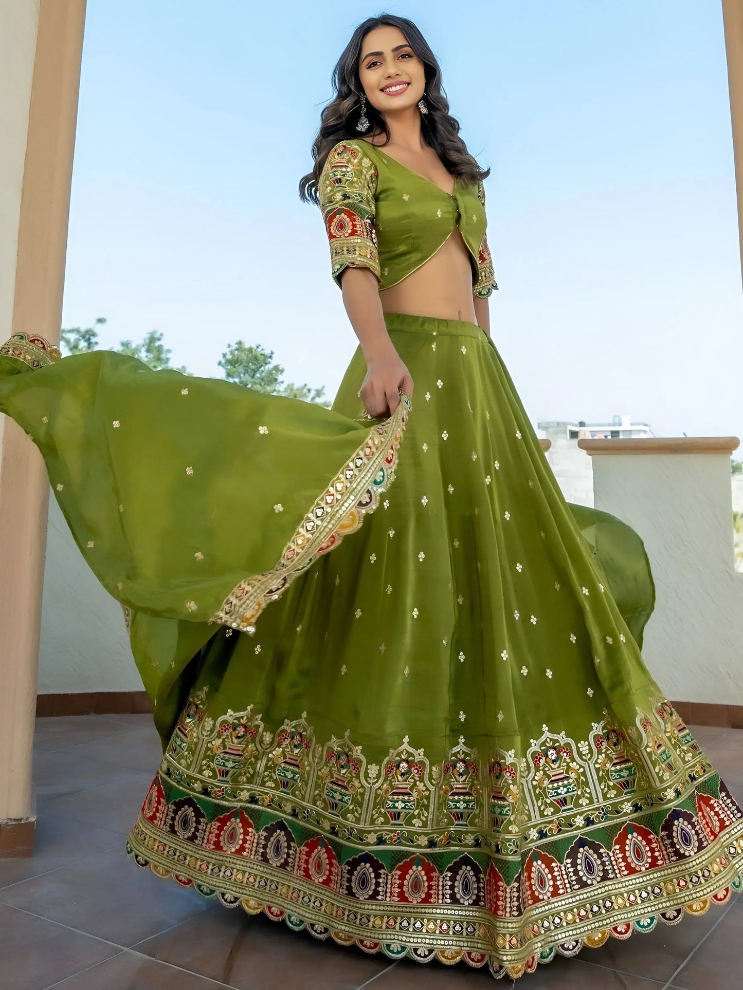 Breathtaking Green Thread Work Silk Mehendi Wear Lehenga Choli With Dupatta - Zeel Clothing