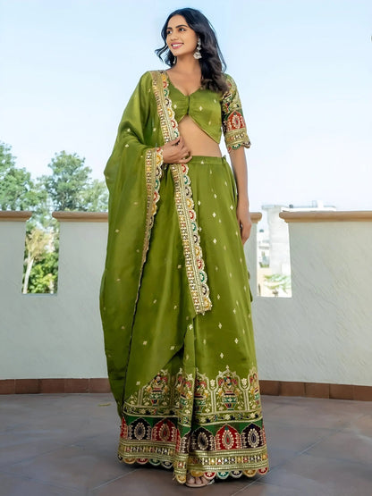 Breathtaking Green Thread Work Silk Mehendi Wear Lehenga Choli With Dupatta - Zeel Clothing