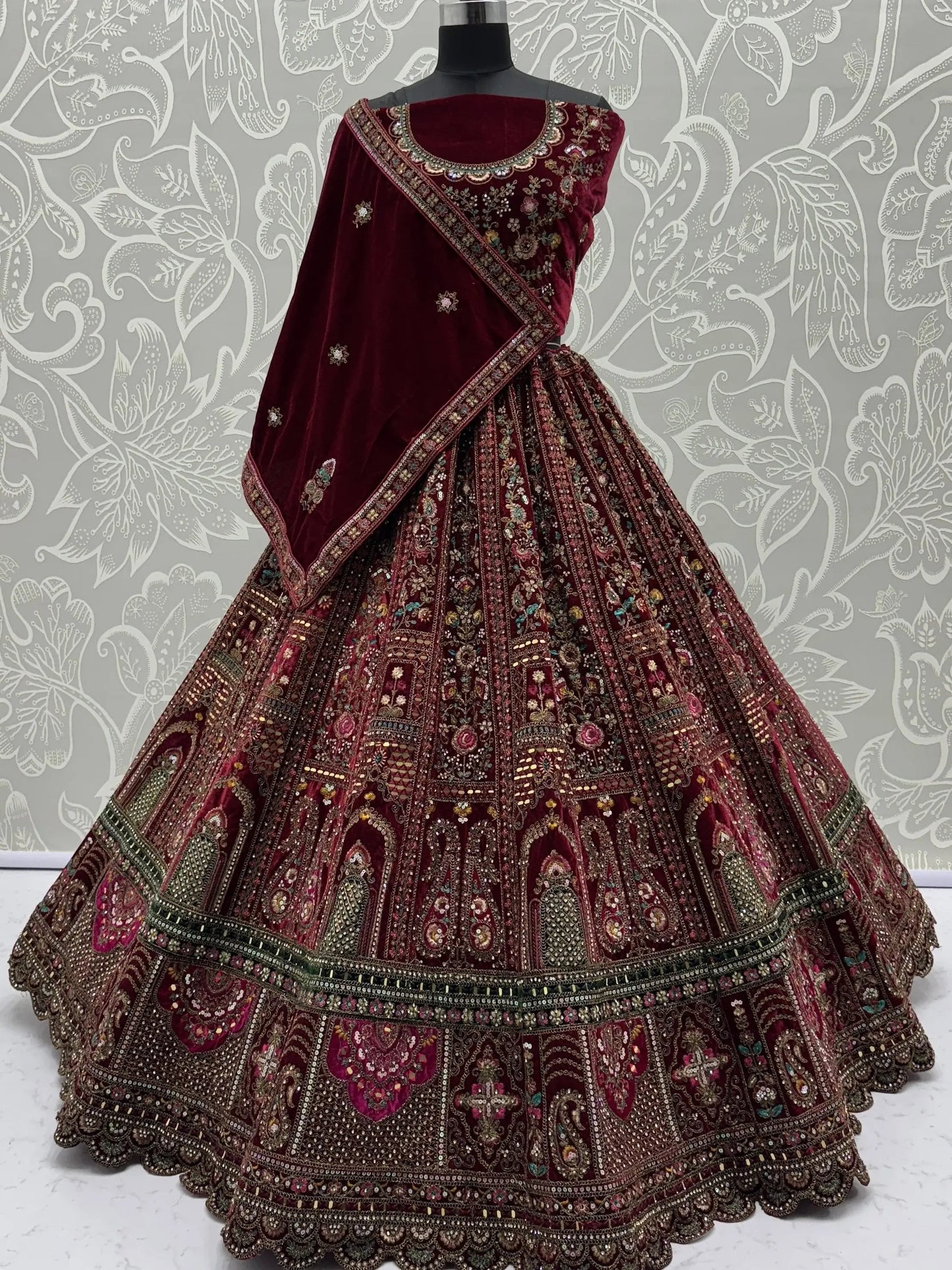Breathtaking Maroon Zari Embroidered Velvet Bridal Lehenga Choli With Double Dupatta - Zeel Clothing