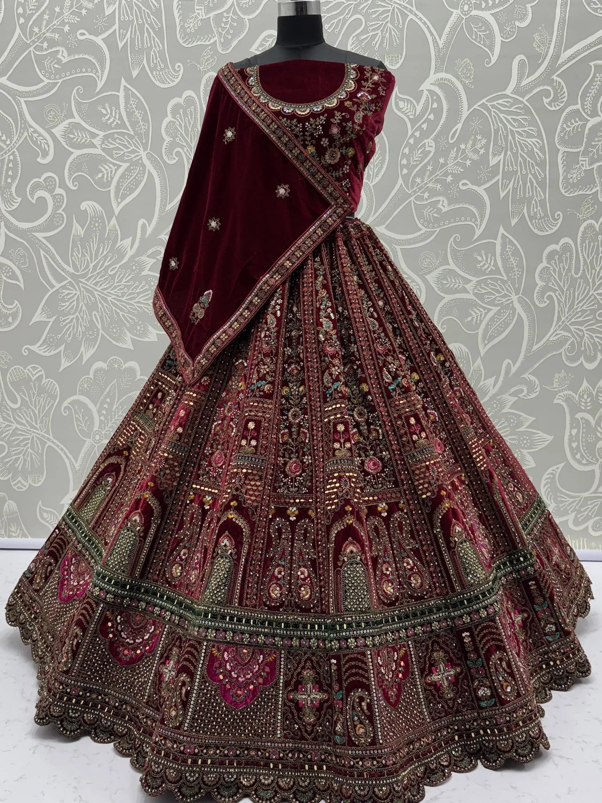 Breathtaking Maroon Zari Embroidered Velvet Bridal Lehenga Choli With Double Dupatta - Zeel Clothing