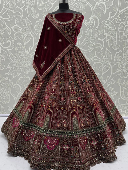 Breathtaking Maroon Zari Embroidered Velvet Bridal Lehenga Choli With Double Dupatta - Zeel Clothing