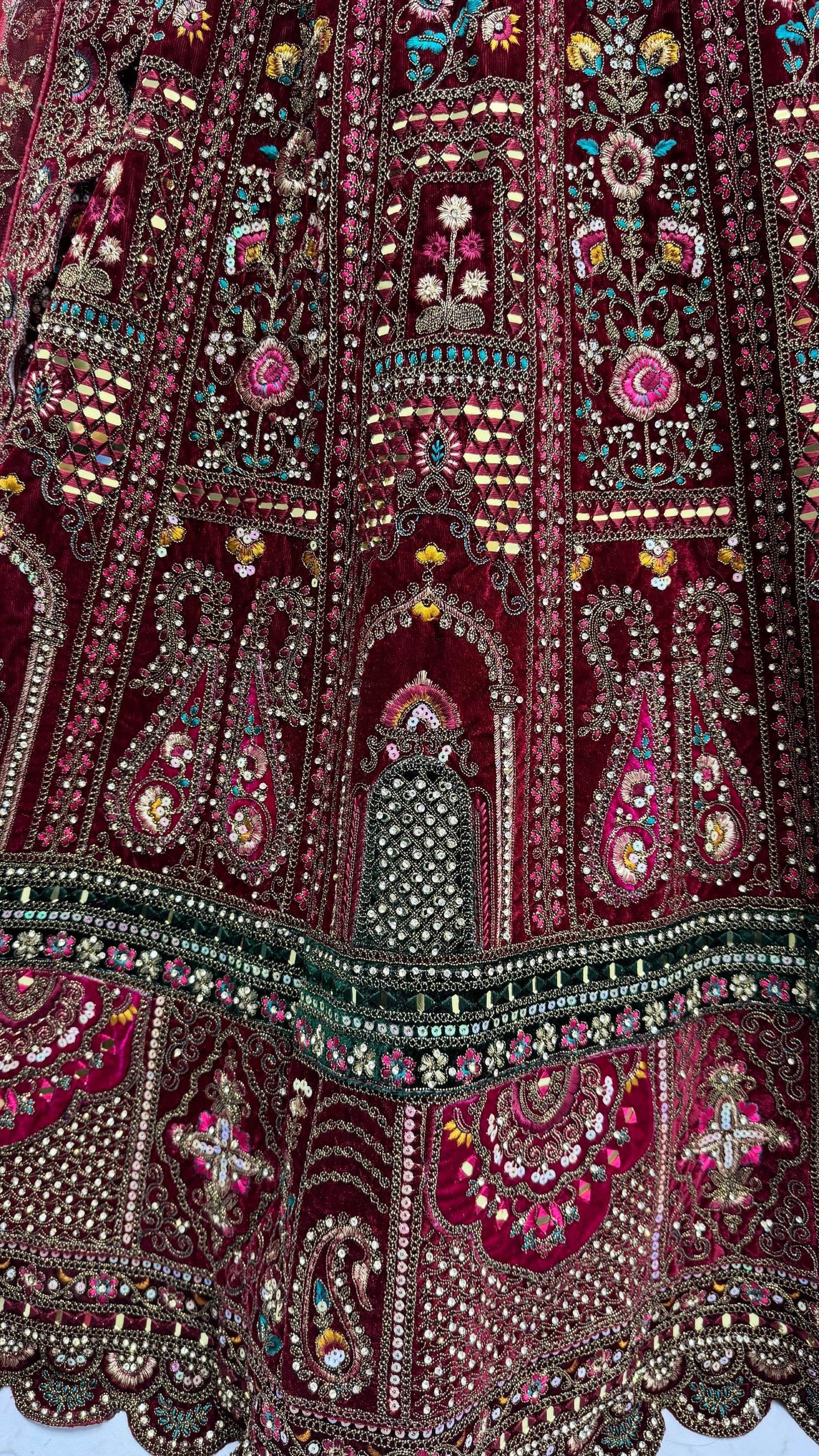 Breathtaking Maroon Zari Embroidered Velvet Bridal Lehenga Choli With Double Dupatta - Zeel Clothing