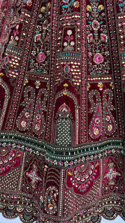 Breathtaking Maroon Zari Embroidered Velvet Bridal Lehenga Choli With Double Dupatta - Zeel Clothing