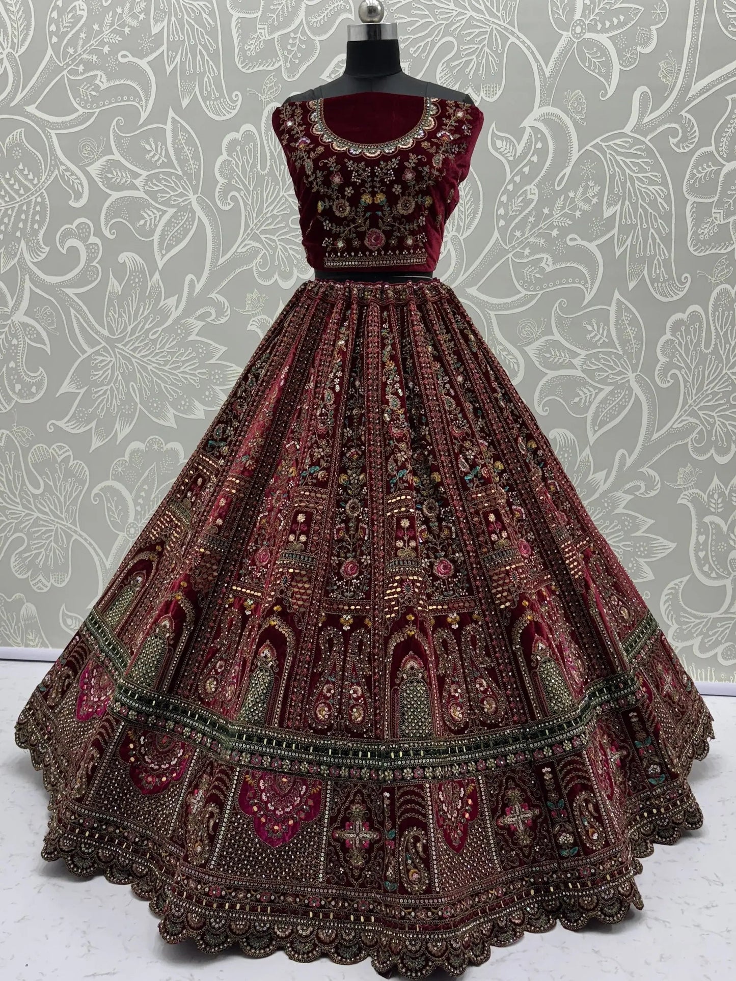 Breathtaking Maroon Zari Embroidered Velvet Bridal Lehenga Choli With Double Dupatta - Zeel Clothing