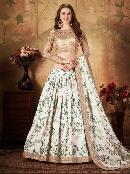Breathtaking Off-White Sabyasachi Floral Printed Organza Silk Party Wear Lehenga Choli With Blouse - Zeel Clothing