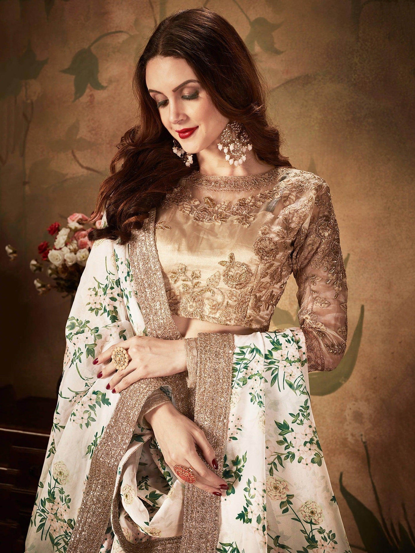 Breathtaking Off-White Sabyasachi Floral Printed Organza Silk Party Wear Lehenga Choli With Blouse - Zeel Clothing