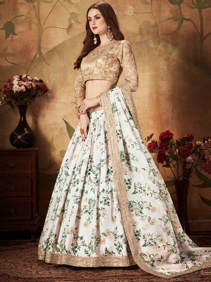 Breathtaking Off-White Sabyasachi Floral Printed Organza Silk Party Wear Lehenga Choli With Blouse - Zeel Clothing