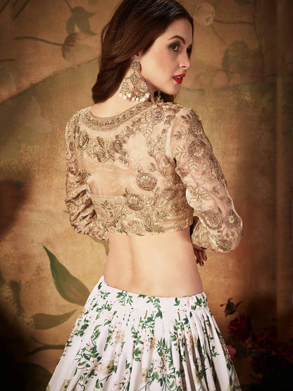 Breathtaking Off-White Sabyasachi Floral Printed Organza Silk Party Wear Lehenga Choli With Blouse - Zeel Clothing