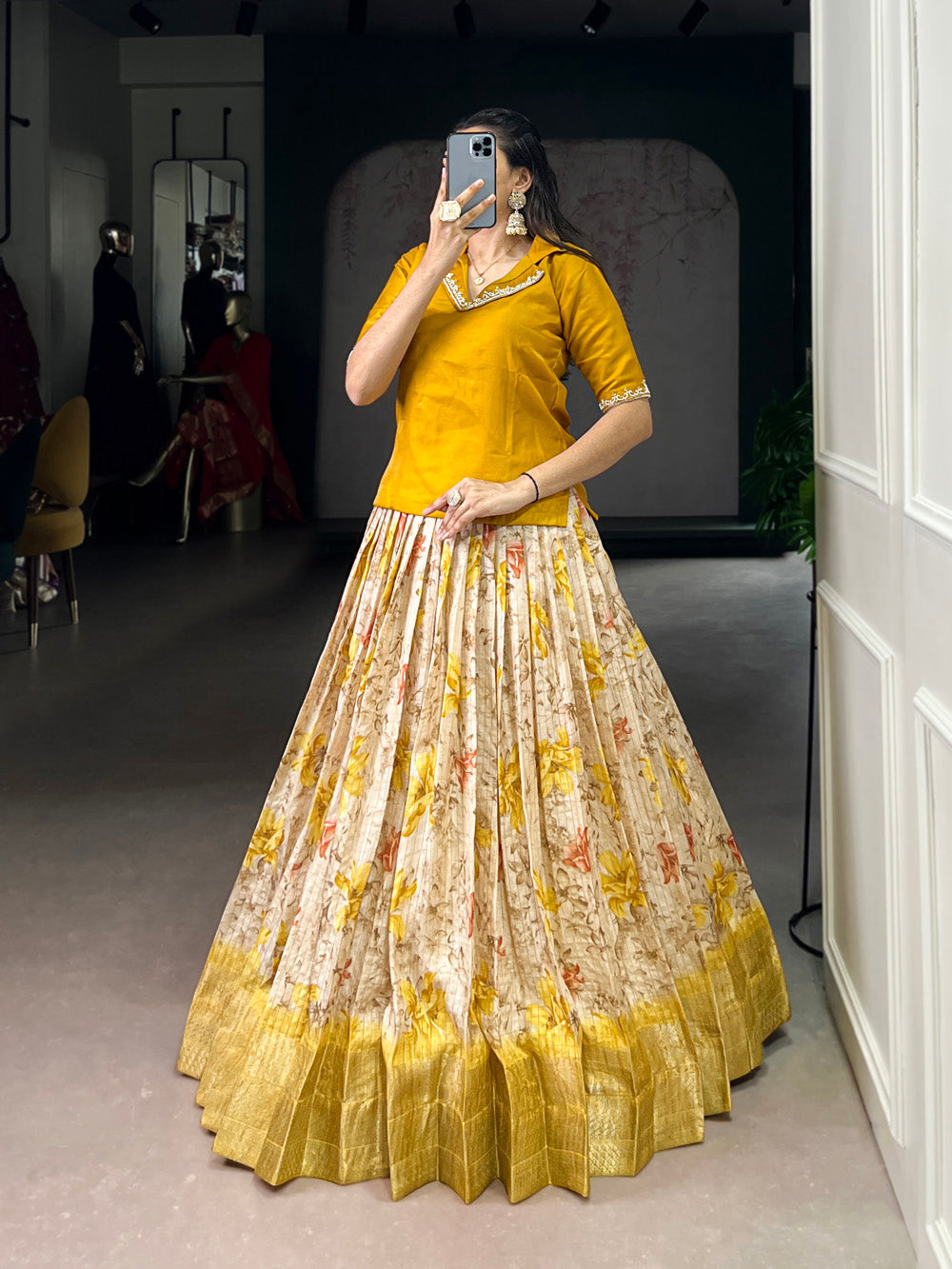 Yellow Color Floral Print With Zari Weaving Work Dola Chex Co-Ord Set