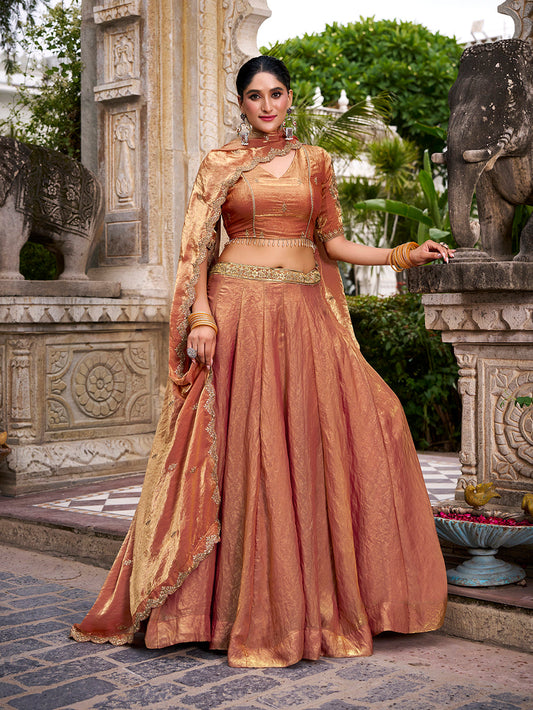 Rust Orange Color Sequins And Thread Embroidery Work Belt Fendi Lehenga Choli