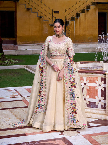 Cream Color Sequince And Thread Embroidery Work Raspberry Lehenga Choli