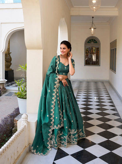 Teal Color Sequins and Thread Embroidery Work Gold Crush Lehenga Choli