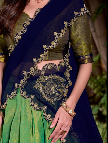 Navy Blue Color Sequince And Thread Embroidery Work Kanchipuram Lehenga Choli