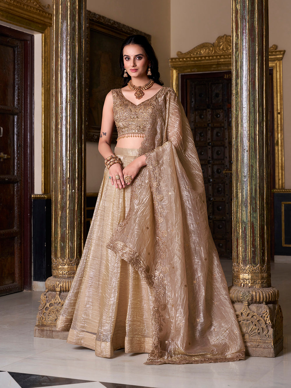 Chiku Color Sequins And Embroidery Work With Gold Crush Lehenga Choli