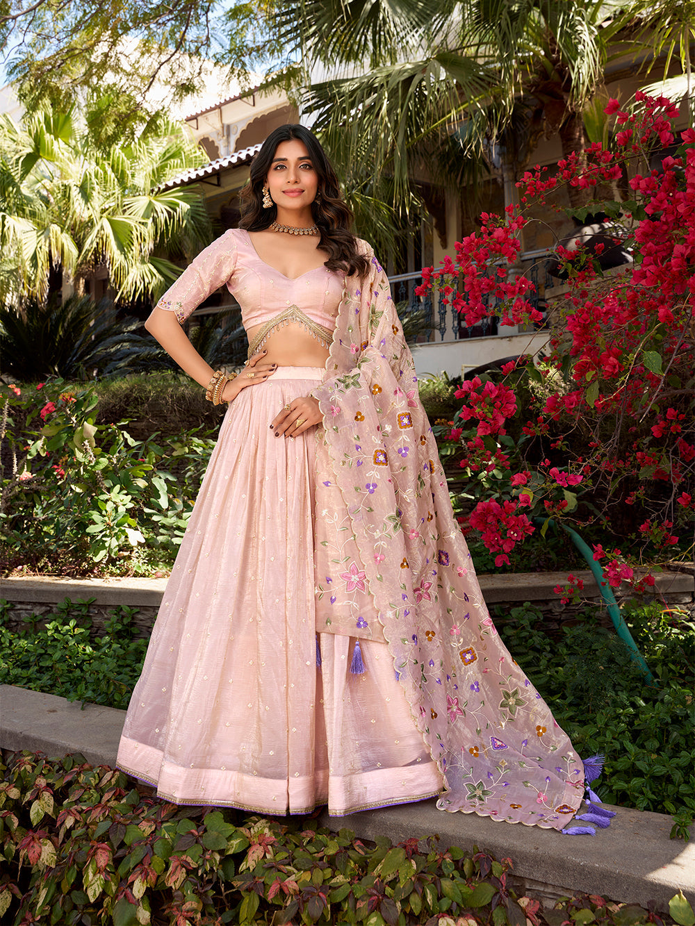 Light Pink Color Sequins And Thread Embroidery Gold Crush Lehenga Choli