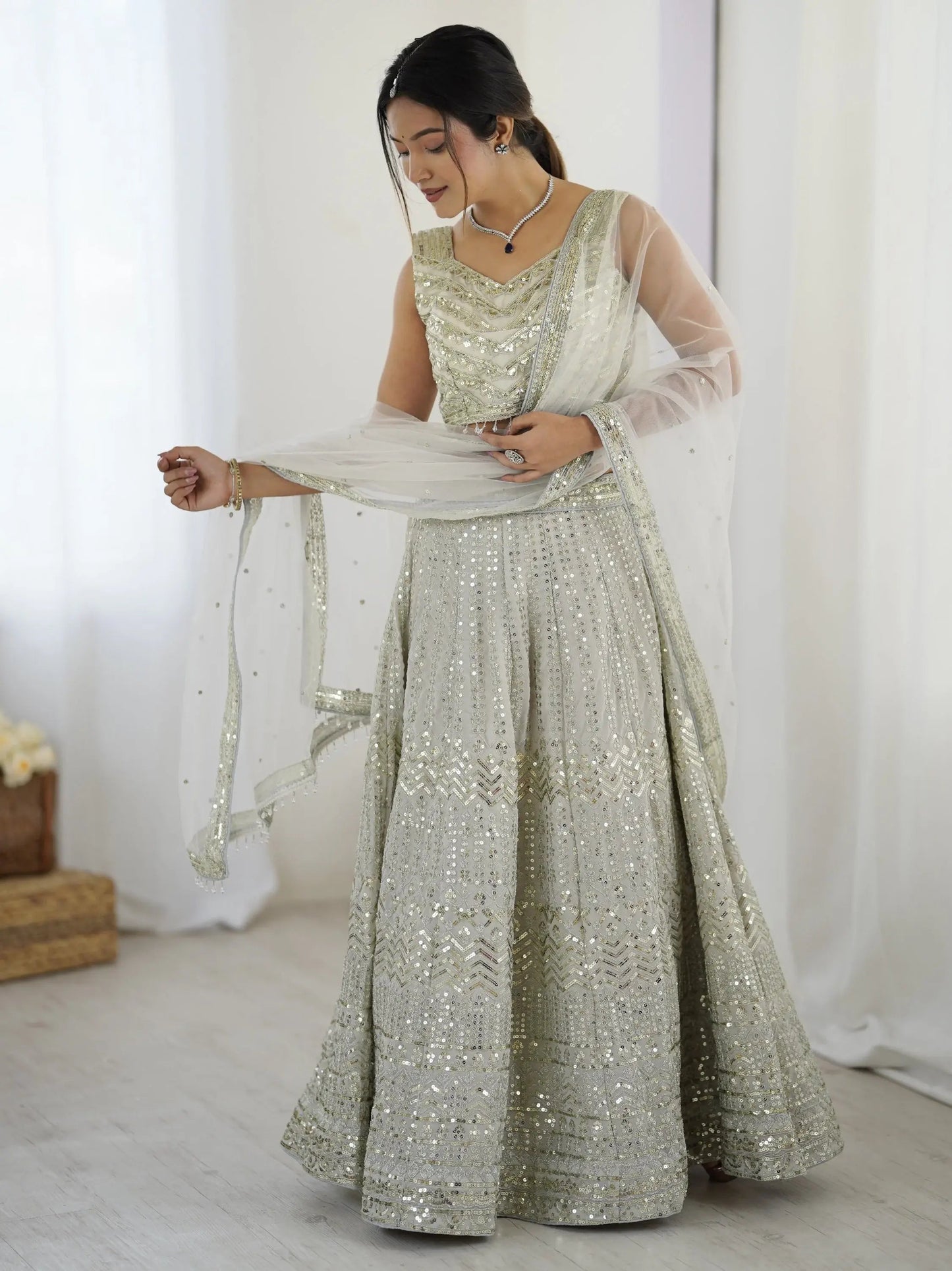 Capricious Grey Dori Work Georgette Wedding Wear Lehenga With Blouse - Zeel Clothing
