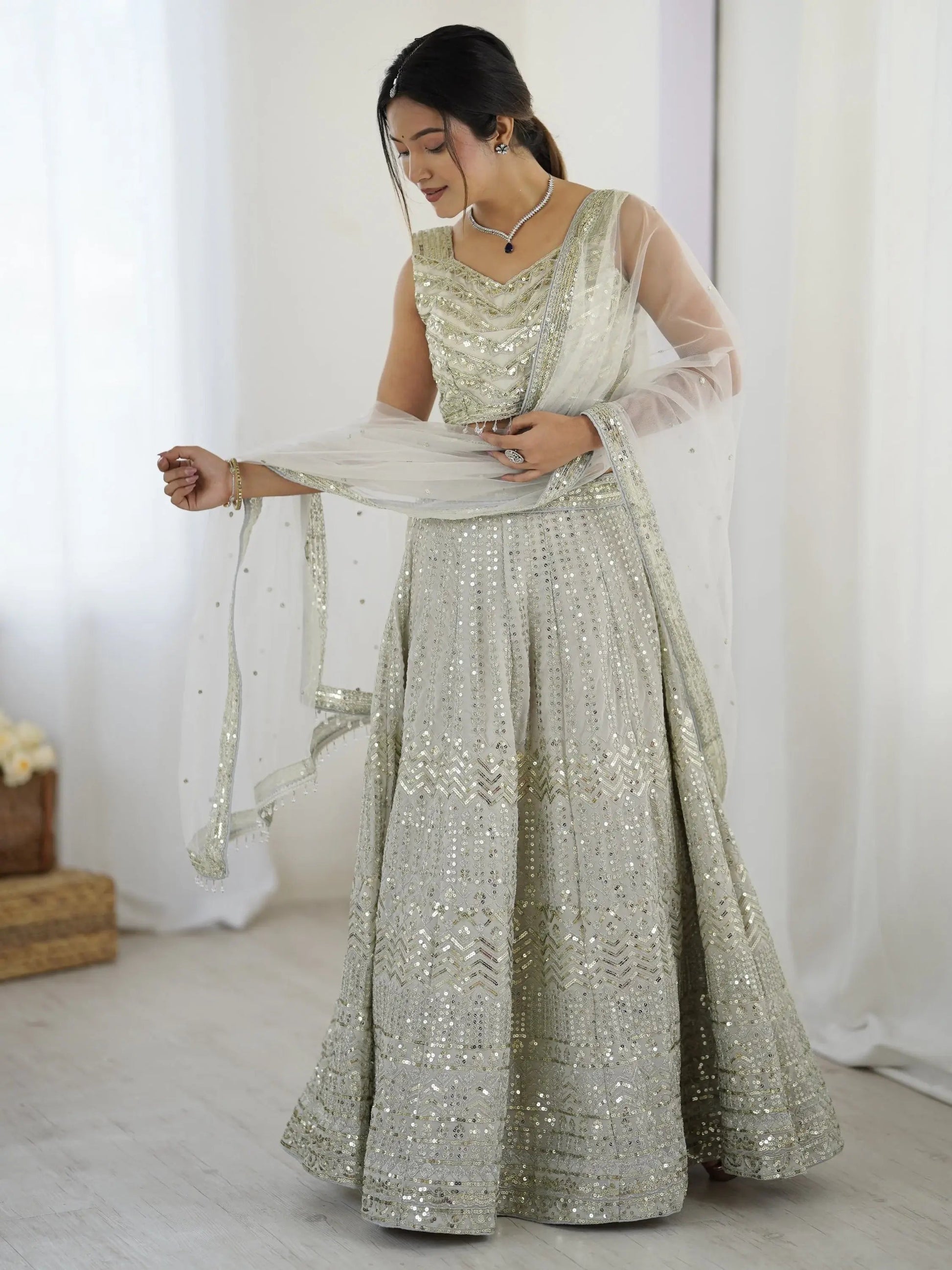 Capricious Grey Dori Work Georgette Wedding Wear Lehenga With Blouse - Zeel Clothing