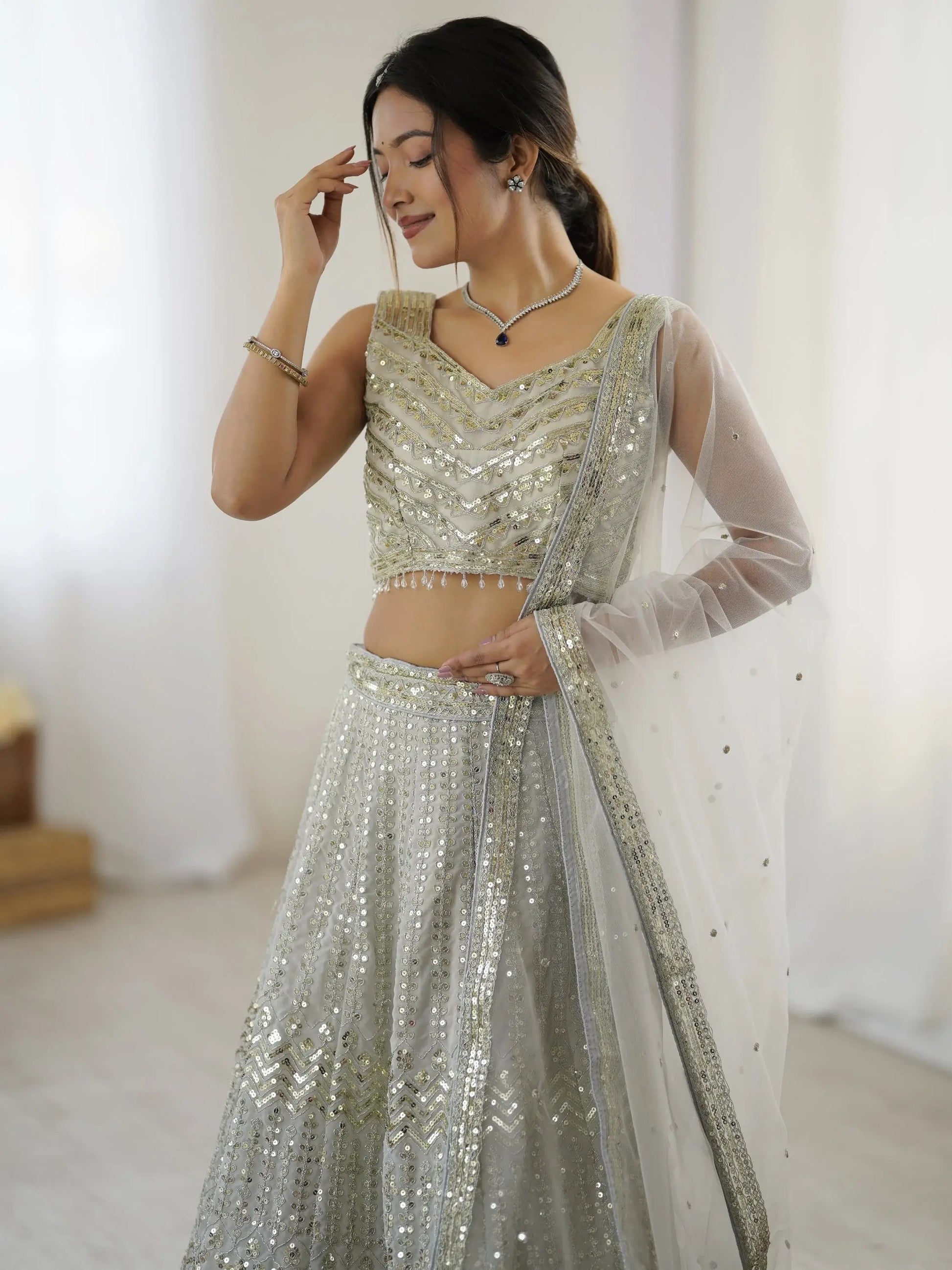 Capricious Grey Dori Work Georgette Wedding Wear Lehenga With Blouse - Zeel Clothing