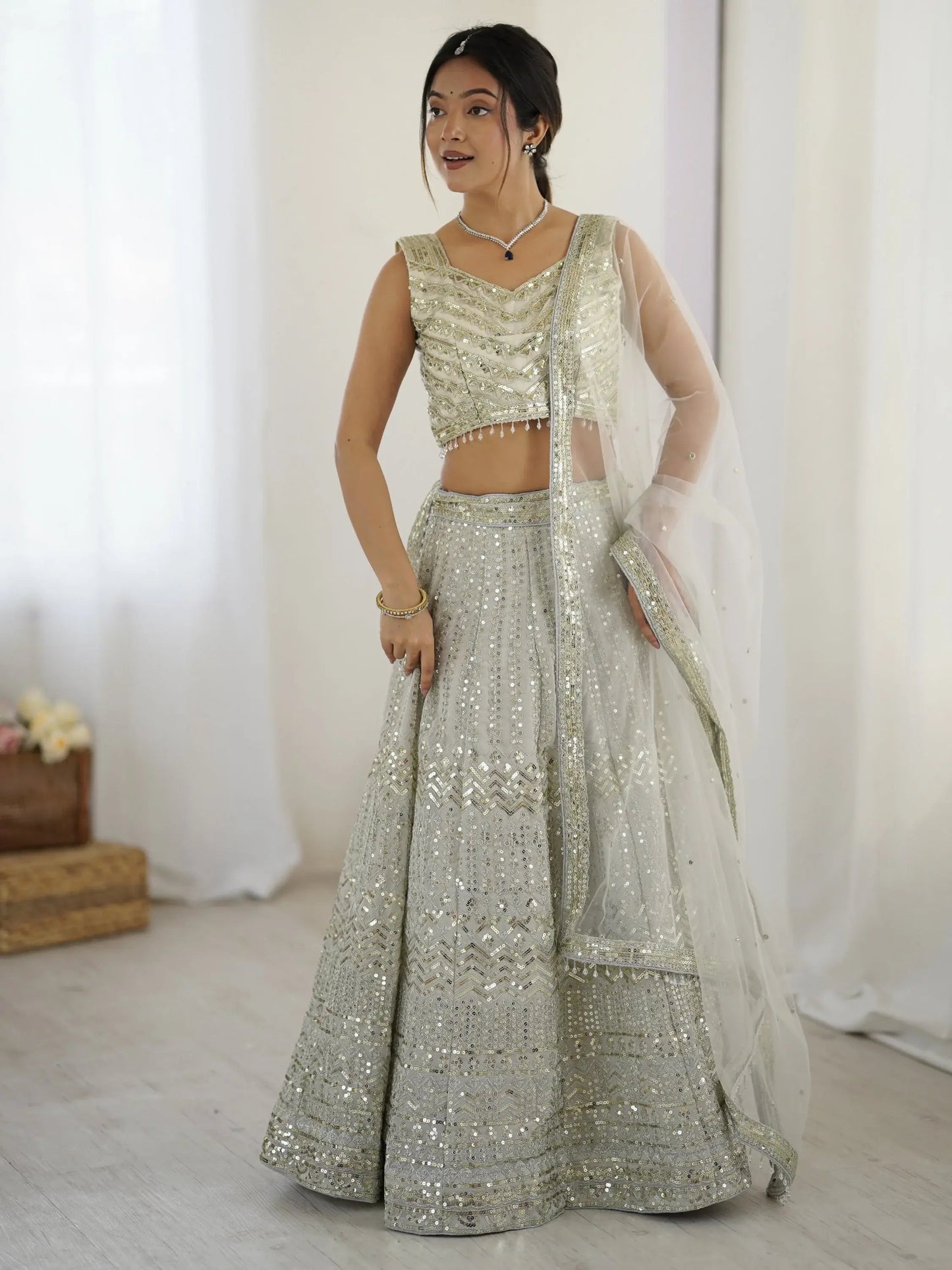 Capricious Grey Dori Work Georgette Wedding Wear Lehenga With Blouse - Zeel Clothing