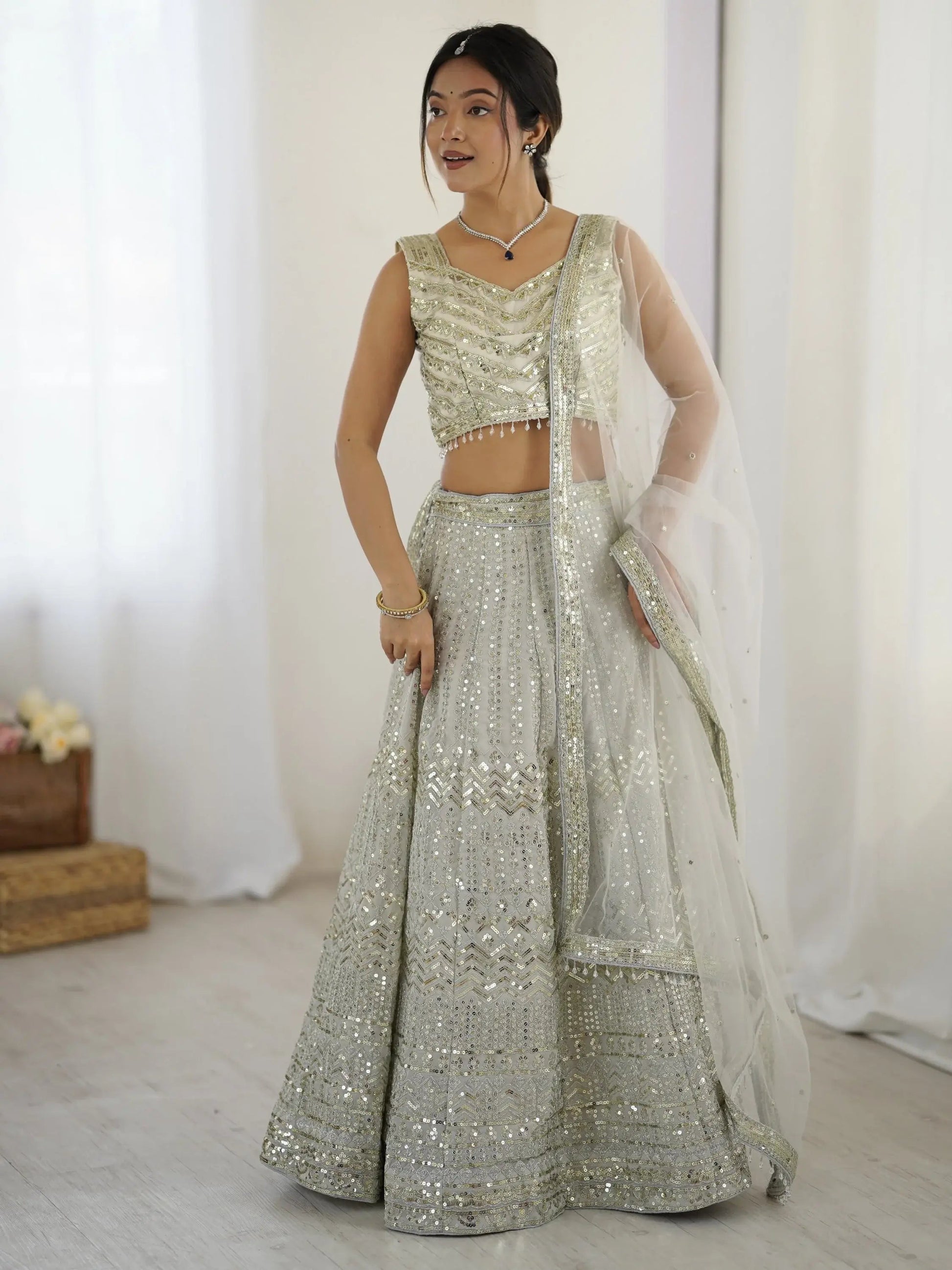 Capricious Grey Dori Work Georgette Wedding Wear Lehenga With Blouse - Zeel Clothing