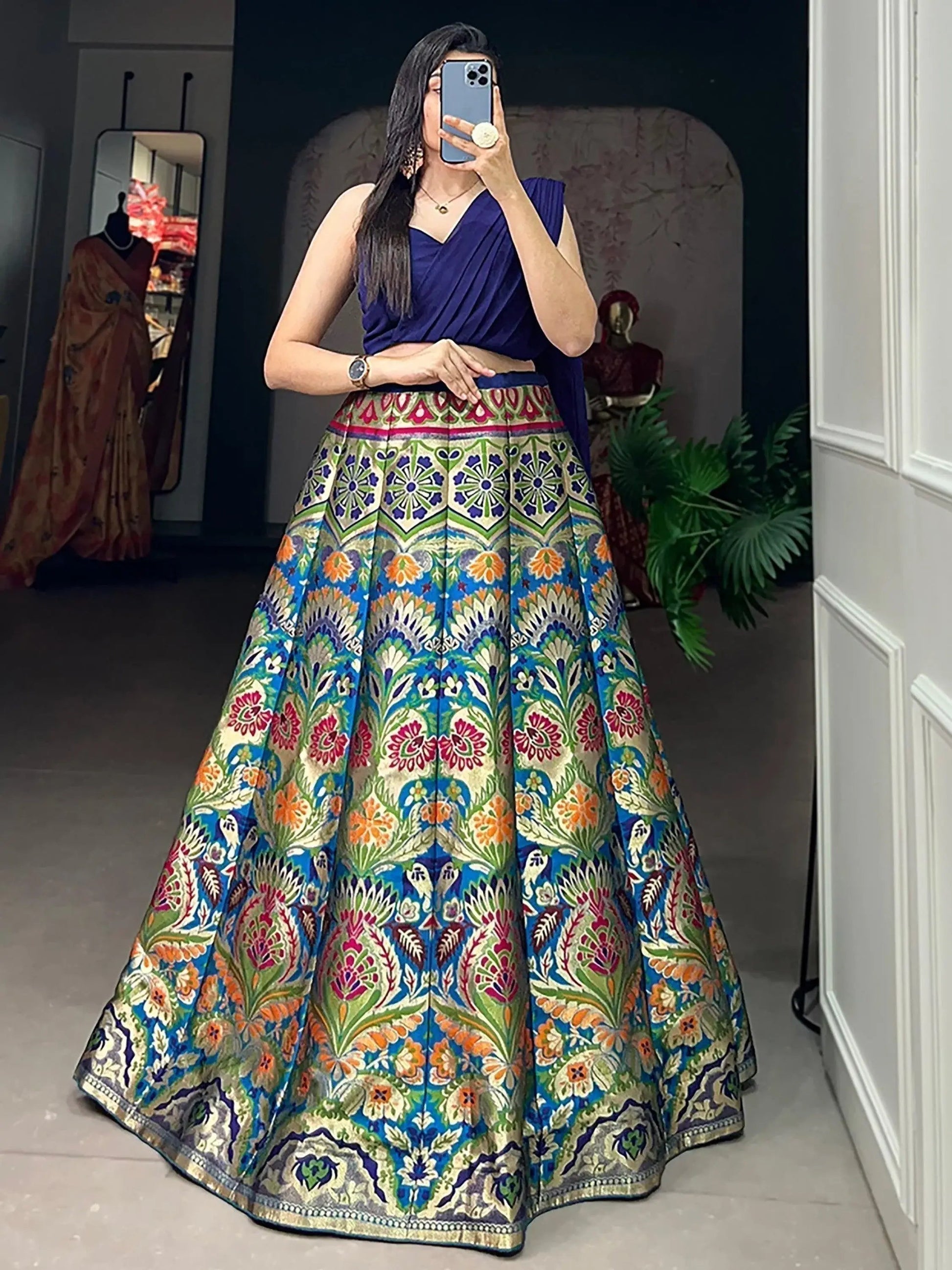 Captivating Blue Zari Weaving Silk Indo-Western Crop Top Lehenga - Zeel Clothing