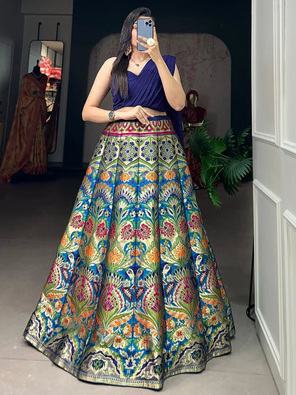 Captivating Blue Zari Weaving Silk Indo-Western Crop Top Lehenga - Zeel Clothing