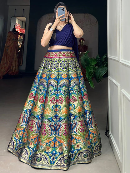 Captivating Blue Zari Weaving Silk Indo-Western Crop Top Lehenga - Zeel Clothing