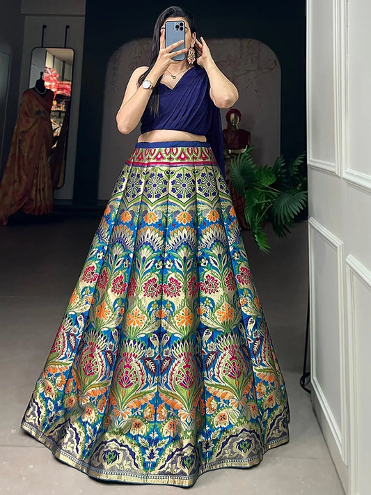 Captivating Blue Zari Weaving Silk Indo-Western Crop Top Lehenga - Zeel Clothing
