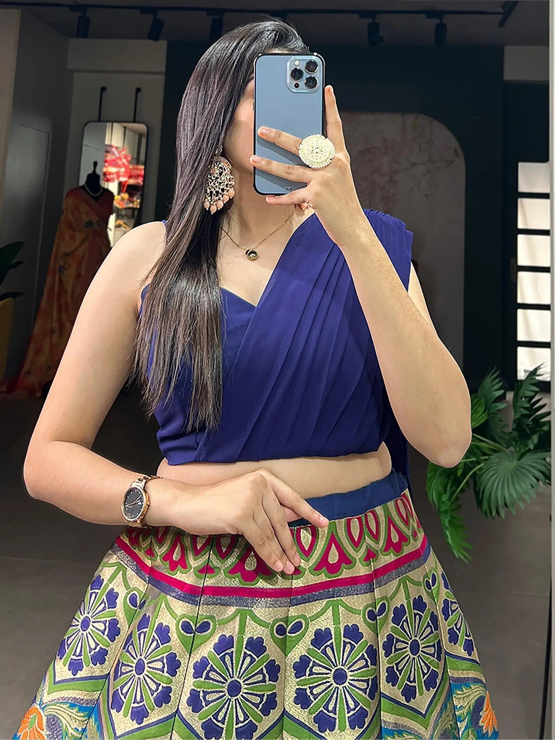 Captivating Blue Zari Weaving Silk Indo-Western Crop Top Lehenga - Zeel Clothing