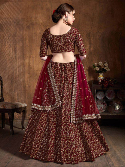 Captivating Maroon Sequins Raw Silk Lehenga Choli With Dupatta - Zeel Clothing
