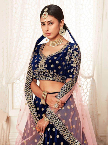 Captivating Navy Blue Embroidered Velvet Bridal Wear Lehenga Choli - Zeel Clothing