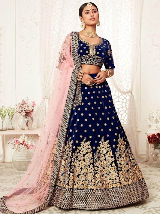 Captivating Navy Blue Embroidered Velvet Bridal Wear Lehenga Choli - Zeel Clothing