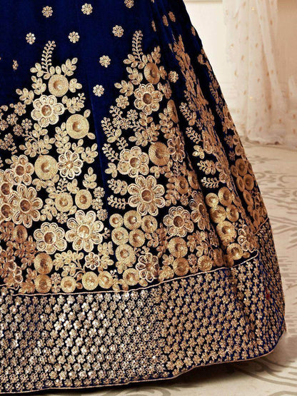 Captivating Navy Blue Embroidered Velvet Bridal Wear Lehenga Choli - Zeel Clothing