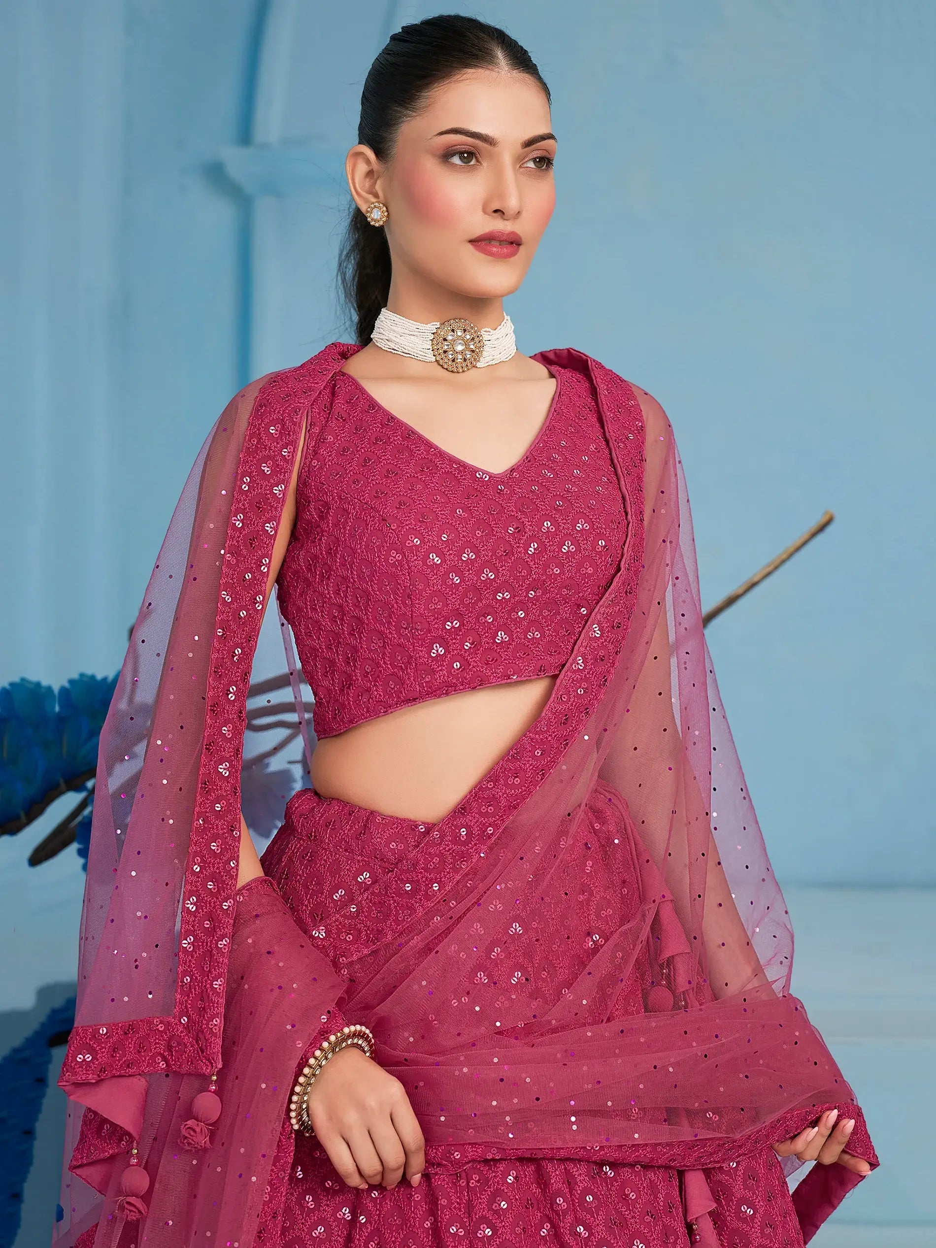 Captivating Pink Thread Work Georgette Sangeet Wear Lehenga Choli - Zeel Clothing