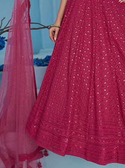 Captivating Pink Thread Work Georgette Sangeet Wear Lehenga Choli - Zeel Clothing