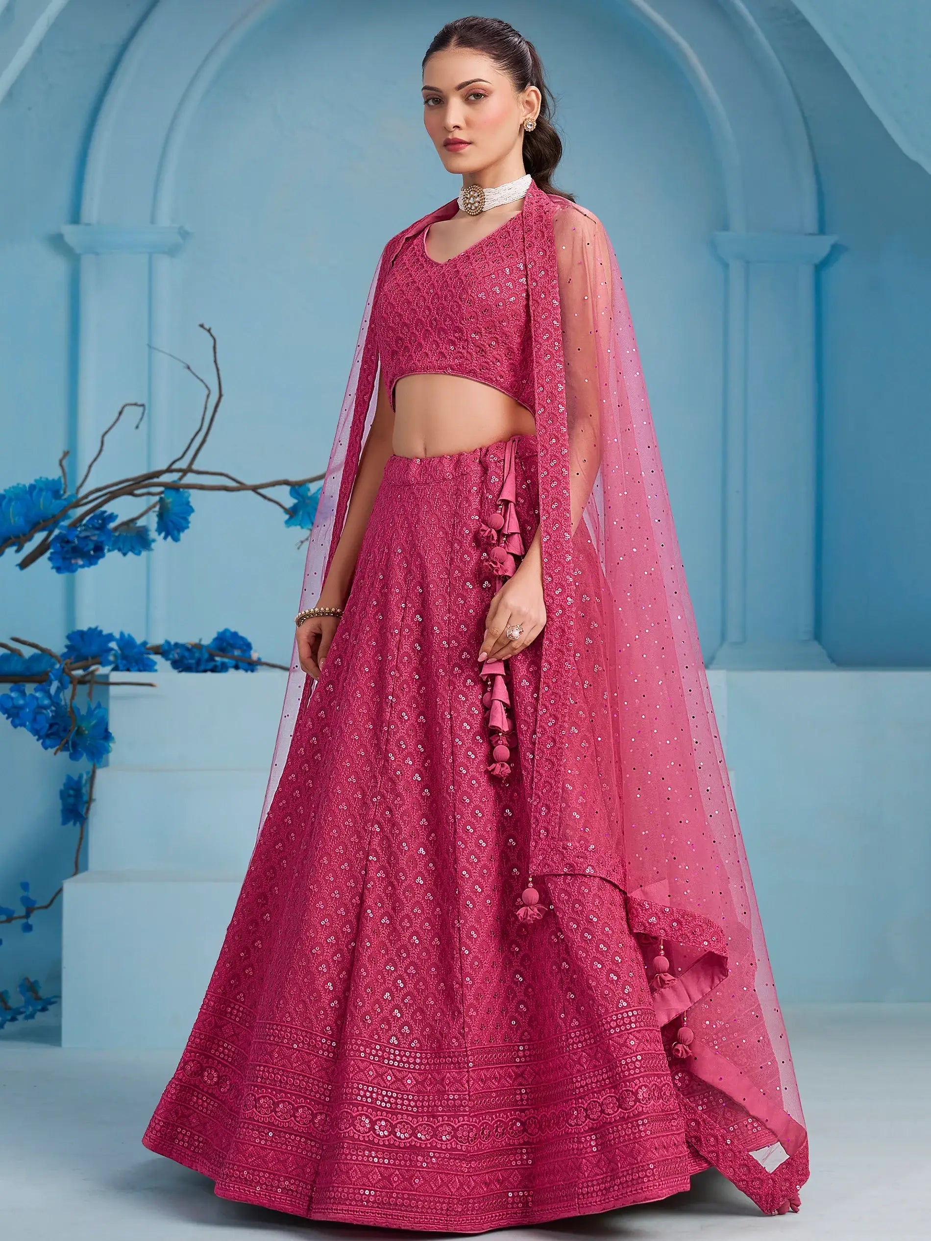 Captivating Pink Thread Work Georgette Sangeet Wear Lehenga Choli - Zeel Clothing
