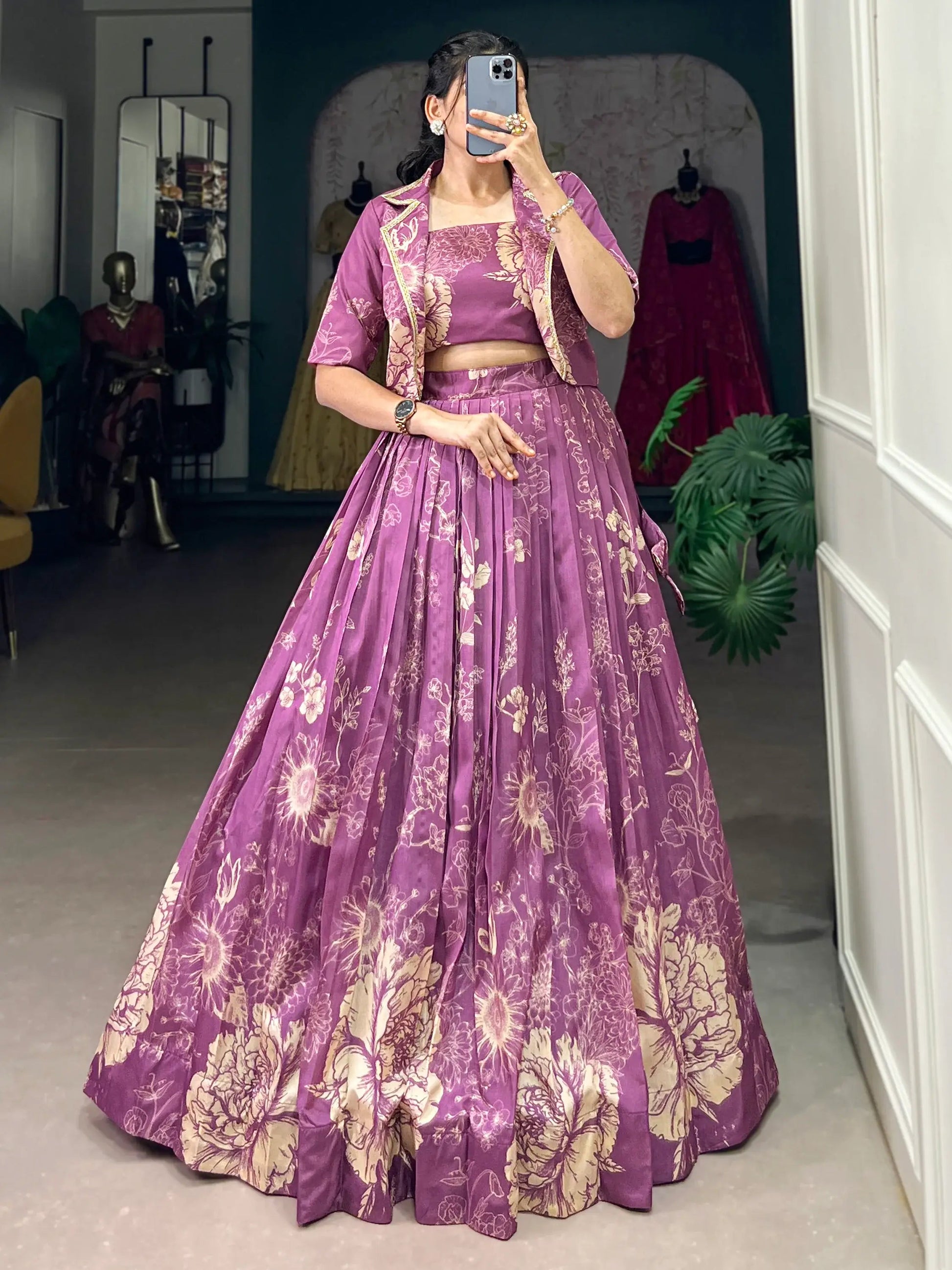 Captivating Purple Printed Festival Wear Crop Top Lehenga With Jacket - Zeel Clothing
