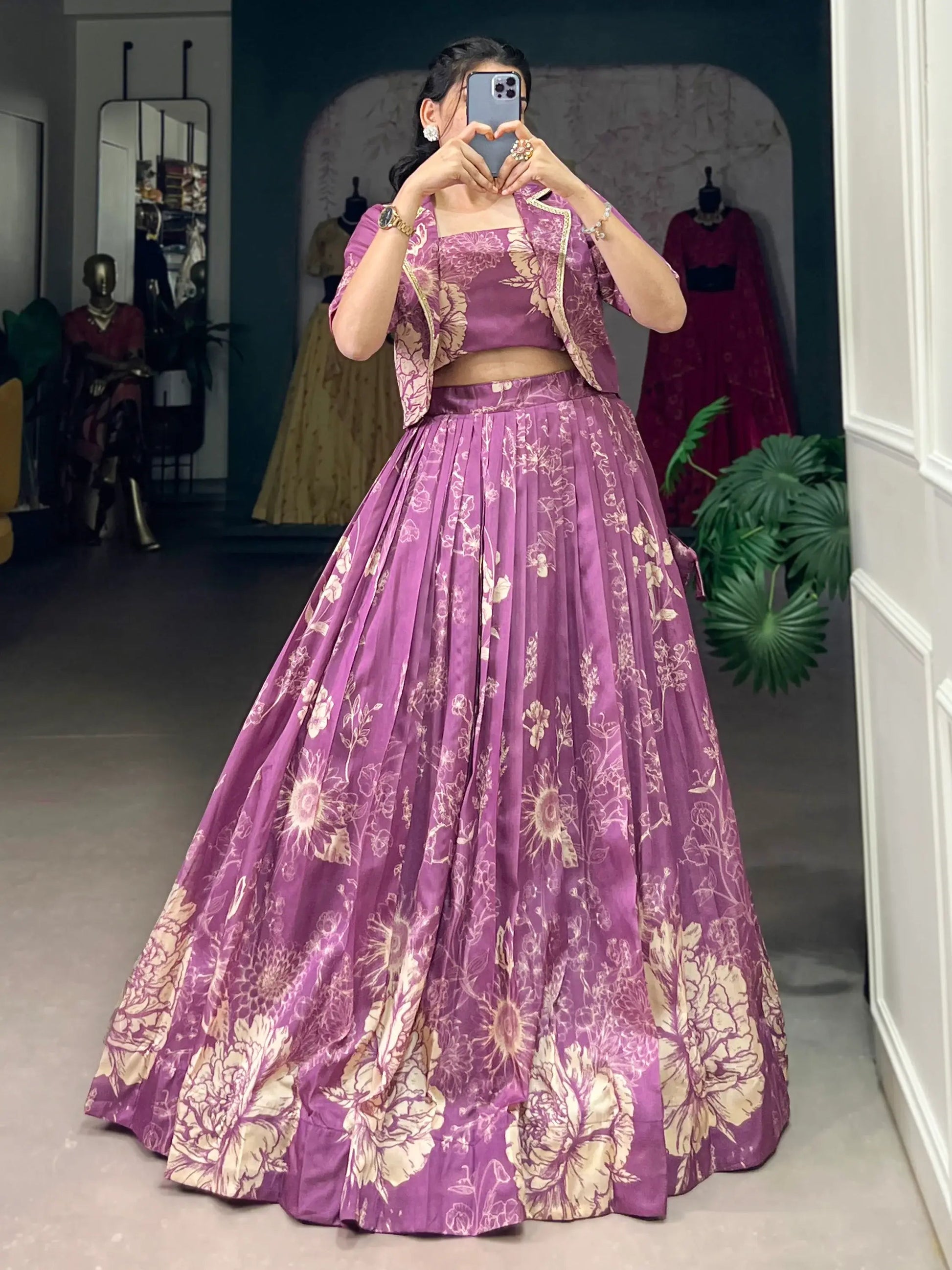 Captivating Purple Printed Festival Wear Crop Top Lehenga With Jacket - Zeel Clothing