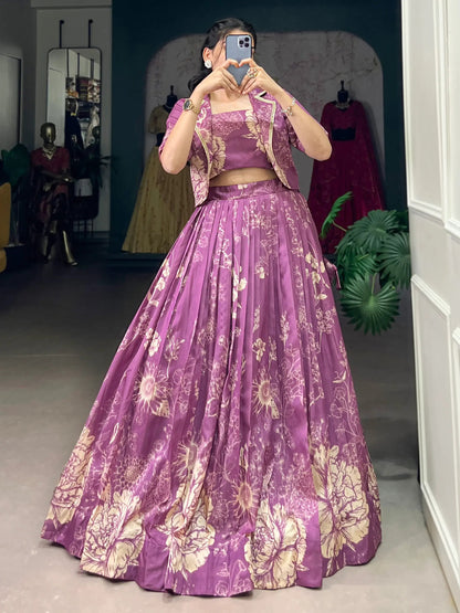 Captivating Purple Printed Festival Wear Crop Top Lehenga With Jacket - Zeel Clothing