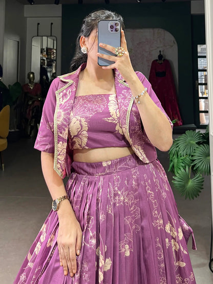 Captivating Purple Printed Festival Wear Crop Top Lehenga With Jacket - Zeel Clothing
