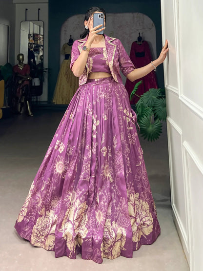 Captivating Purple Printed Festival Wear Crop Top Lehenga With Jacket - Zeel Clothing